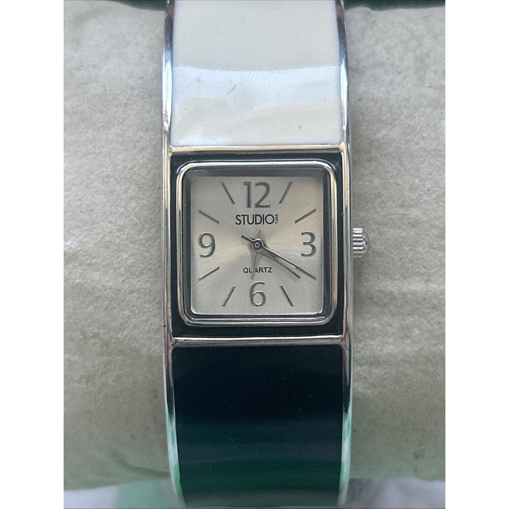 Studio Time Silver Tone Black, White And Grey Womens Cuff Watch